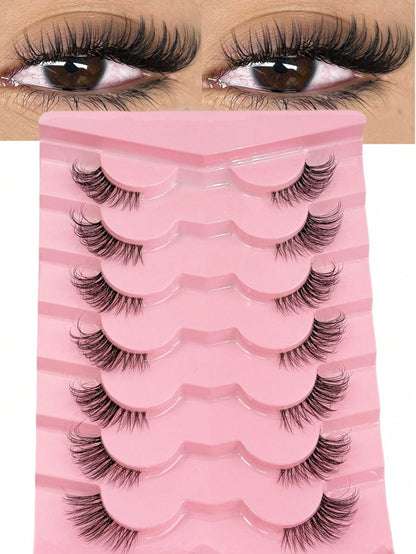 7 Pairs Half Lashes With Clear Band Cat Eye Tail Elongated Eyelashes Natural Look Wispy Faux Mink Lashes Fluffy Soft False Eyelashes Natural Makeup,Suitable For Everyday Wear, Party Wear, Valentine's