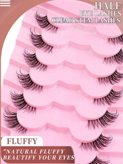 7 Pairs Half Lashes With Clear Band Cat Eye Tail Elongated Eyelashes Natural Look Wispy Faux Mink Lashes Fluffy Soft False Eyelashes Natural Makeup,Suitable For Everyday Wear, Party Wear, Valentine's