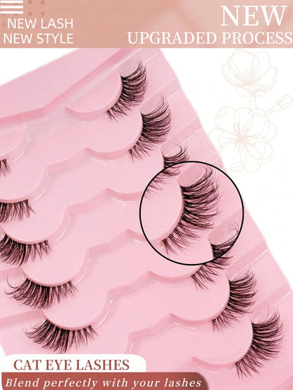 7 Pairs Half Lashes With Clear Band Cat Eye Tail Elongated Eyelashes Natural Look Wispy Faux Mink Lashes Fluffy Soft False Eyelashes Natural Makeup,Suitable For Everyday Wear, Party Wear, Valentine's