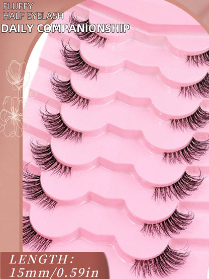 7 Pairs Half Lashes With Clear Band Cat Eye Tail Elongated Eyelashes Natural Look Wispy Faux Mink Lashes Fluffy Soft False Eyelashes Natural Makeup,Suitable For Everyday Wear, Party Wear, Valentine's