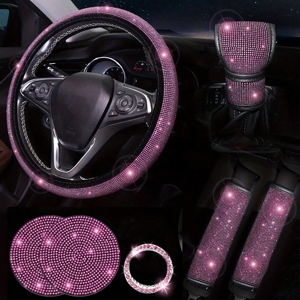 7pcs Car Steering Wheel Cover, Gear Shift Knob Cover, Shoulder Pad, Cup Holder, Ignition Ring Decorative Accessories,Purple Car Accesaories