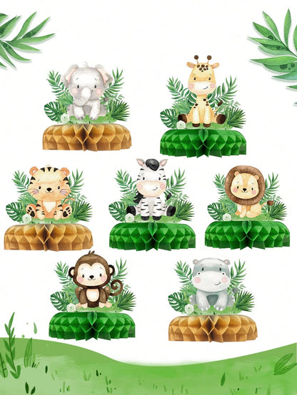 7pcs Jungle Animal Theme Birthday Party Honeycomb Decorations, Jungle Animal Pattern Baby Shower Party Background Decor Honeycomb, Gender Reveal Party Photo Props, Jungle Animal 1st Birthday Party Hon