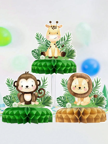 7pcs Jungle Animal Theme Birthday Party Honeycomb Decorations, Jungle Animal Pattern Baby Shower Party Background Decor Honeycomb, Gender Reveal Party Photo Props, Jungle Animal 1st Birthday Party Hon