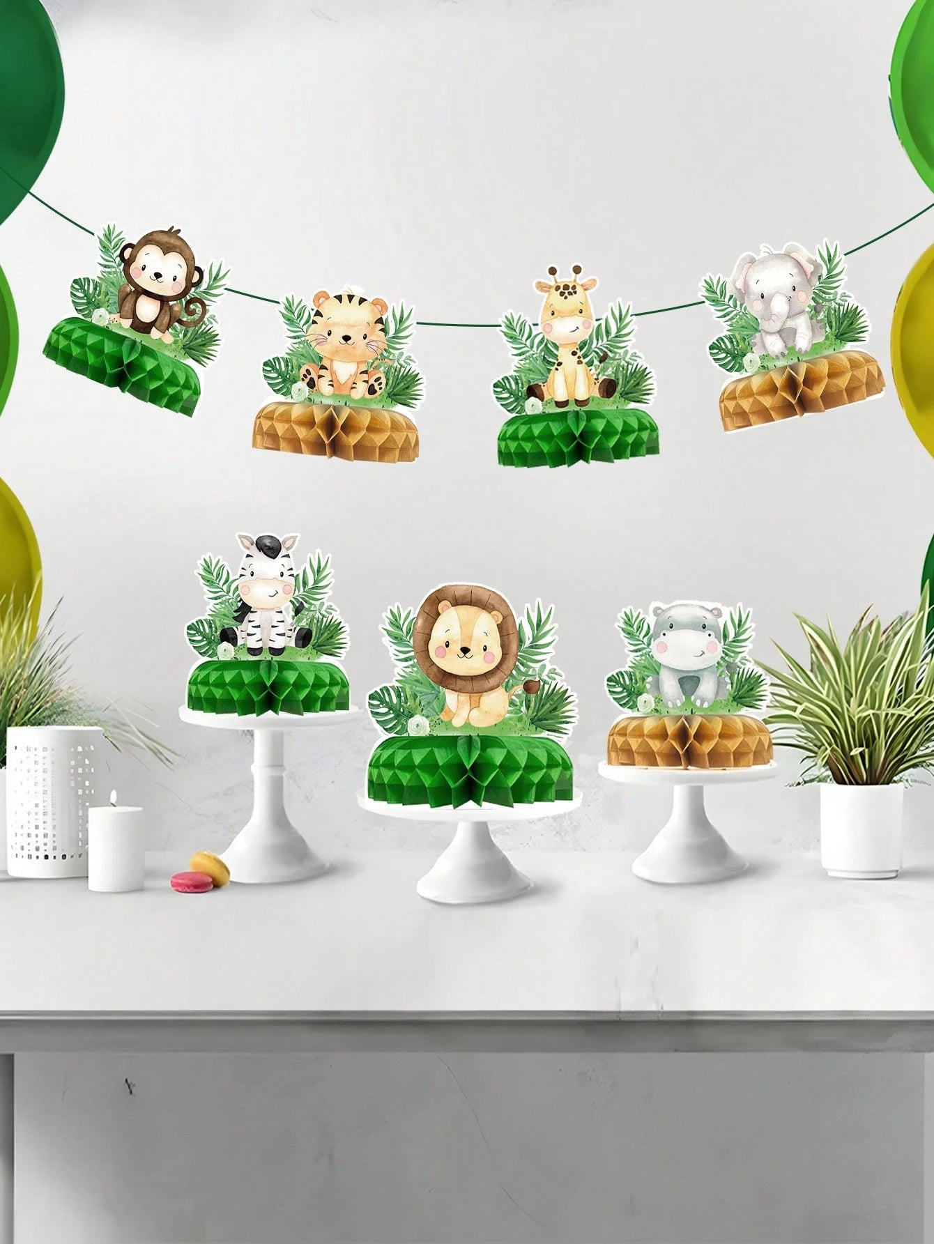 7pcs Jungle Animal Theme Birthday Party Honeycomb Decorations, Jungle Animal Pattern Baby Shower Party Background Decor Honeycomb, Gender Reveal Party Photo Props, Jungle Animal 1st Birthday Party Hon