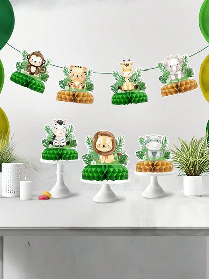 7pcs Jungle Animal Theme Birthday Party Honeycomb Decorations, Jungle Animal Pattern Baby Shower Party Background Decor Honeycomb, Gender Reveal Party Photo Props, Jungle Animal 1st Birthday Party Hon
