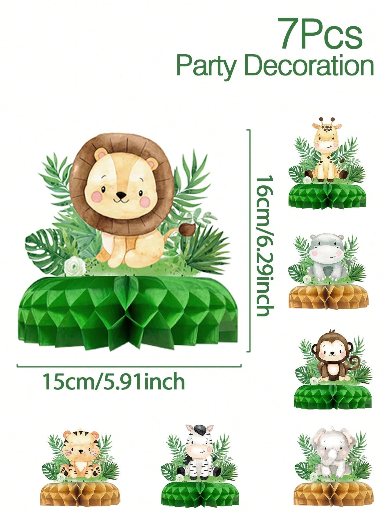 7pcs Jungle Animal Theme Birthday Party Honeycomb Decorations, Jungle Animal Pattern Baby Shower Party Background Decor Honeycomb, Gender Reveal Party Photo Props, Jungle Animal 1st Birthday Party Hon