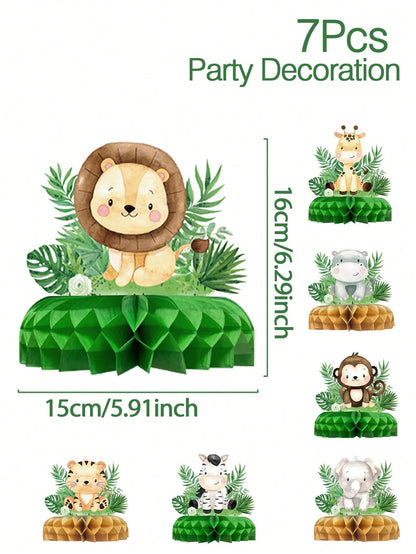 7pcs Jungle Animal Theme Birthday Party Honeycomb Decorations, Jungle Animal Pattern Baby Shower Party Background Decor Honeycomb, Gender Reveal Party Photo Props, Jungle Animal 1st Birthday Party Hon