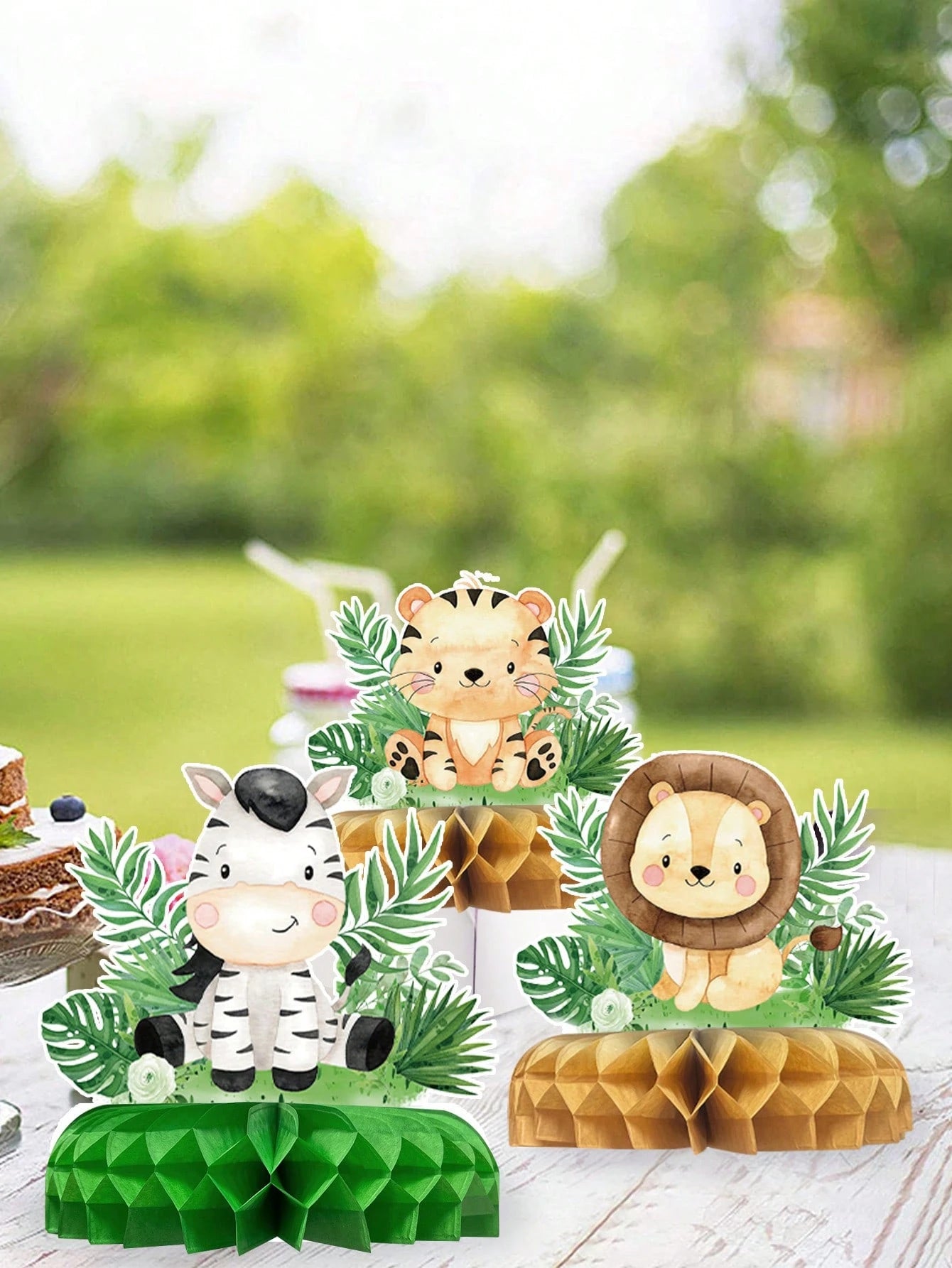 7pcs Jungle Animal Theme Birthday Party Honeycomb Decorations, Jungle Animal Pattern Baby Shower Party Background Decor Honeycomb, Gender Reveal Party Photo Props, Jungle Animal 1st Birthday Party Hon