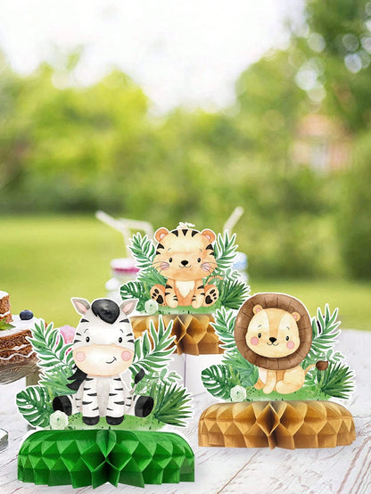 7pcs Jungle Animal Theme Birthday Party Honeycomb Decorations, Jungle Animal Pattern Baby Shower Party Background Decor Honeycomb, Gender Reveal Party Photo Props, Jungle Animal 1st Birthday Party Hon
