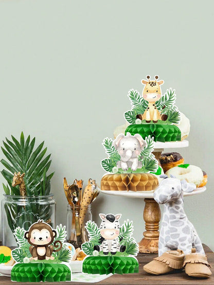 7pcs Jungle Animal Theme Birthday Party Honeycomb Decorations, Jungle Animal Pattern Baby Shower Party Background Decor Honeycomb, Gender Reveal Party Photo Props, Jungle Animal 1st Birthday Party Hon