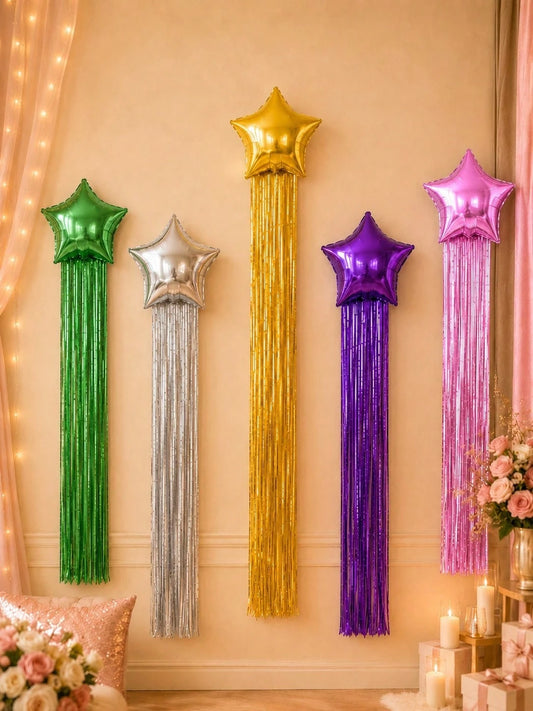 7Pcs Star Balloons And Tassel Garland Set With Adhesive Dots, Creative Birthday Balloon For Birthday Party, Wedding, Anniversary, Event Celebration