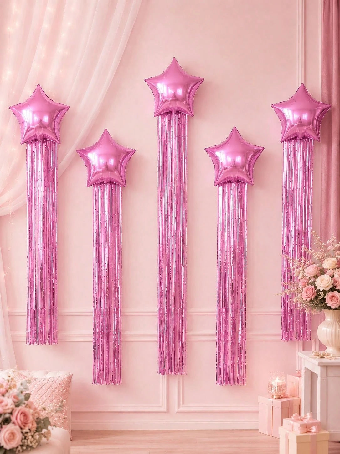 7Pcs Star Balloons And Tassel Garland Set With Adhesive Dots, Creative Birthday Balloon For Birthday Party, Wedding, Anniversary, Event Celebration