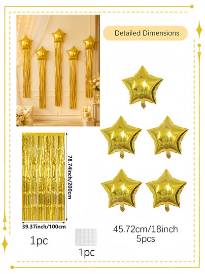 7Pcs Star Balloons And Tassel Garland Set With Adhesive Dots, Creative Birthday Balloon For Birthday Party, Wedding, Anniversary, Event Celebration