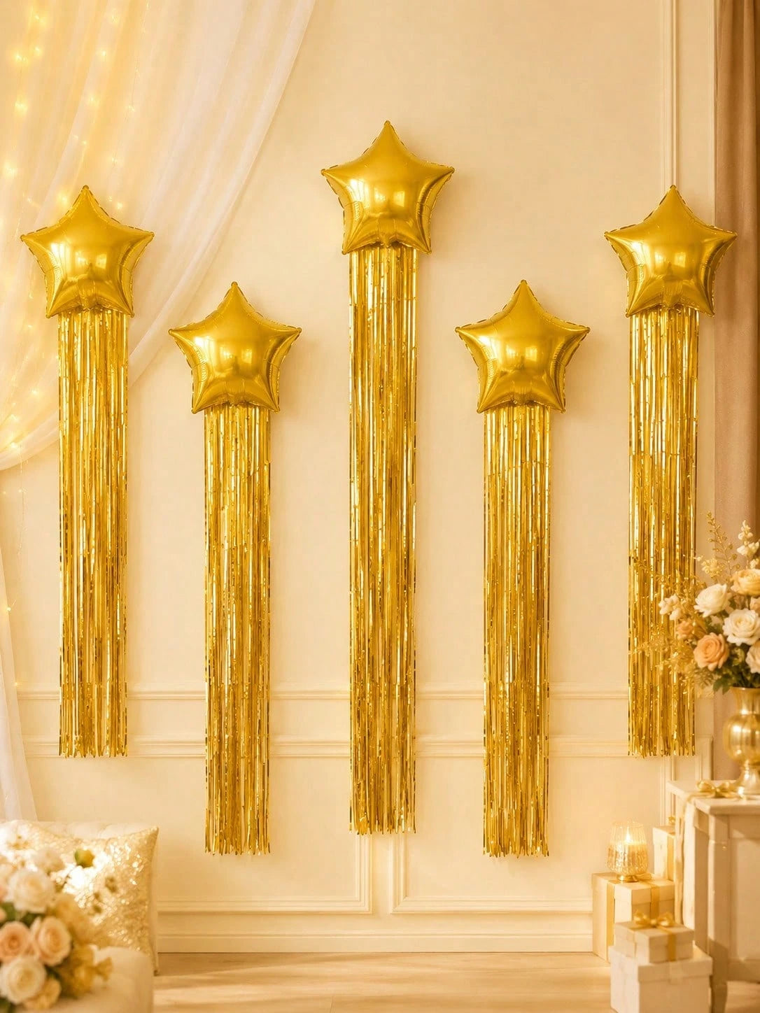 7Pcs Star Balloons And Tassel Garland Set With Adhesive Dots, Creative Birthday Balloon For Birthday Party, Wedding, Anniversary, Event Celebration