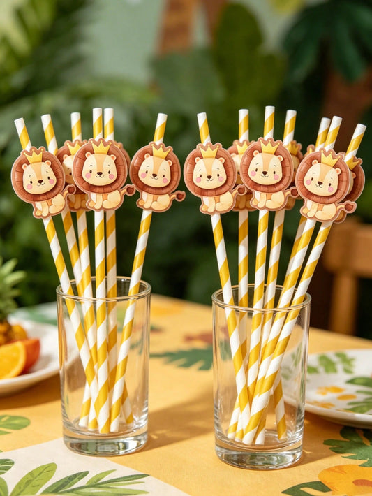 8pcs Cartoon Lion Paper Straws, Jungle Party Disposable Tableware Thin Straws, Fun Straws, Suitable For Cocktails, Juices, Beverages, Coffee, Straight Mouth, Baby Shower Decoration, Baby Baptism, Jung