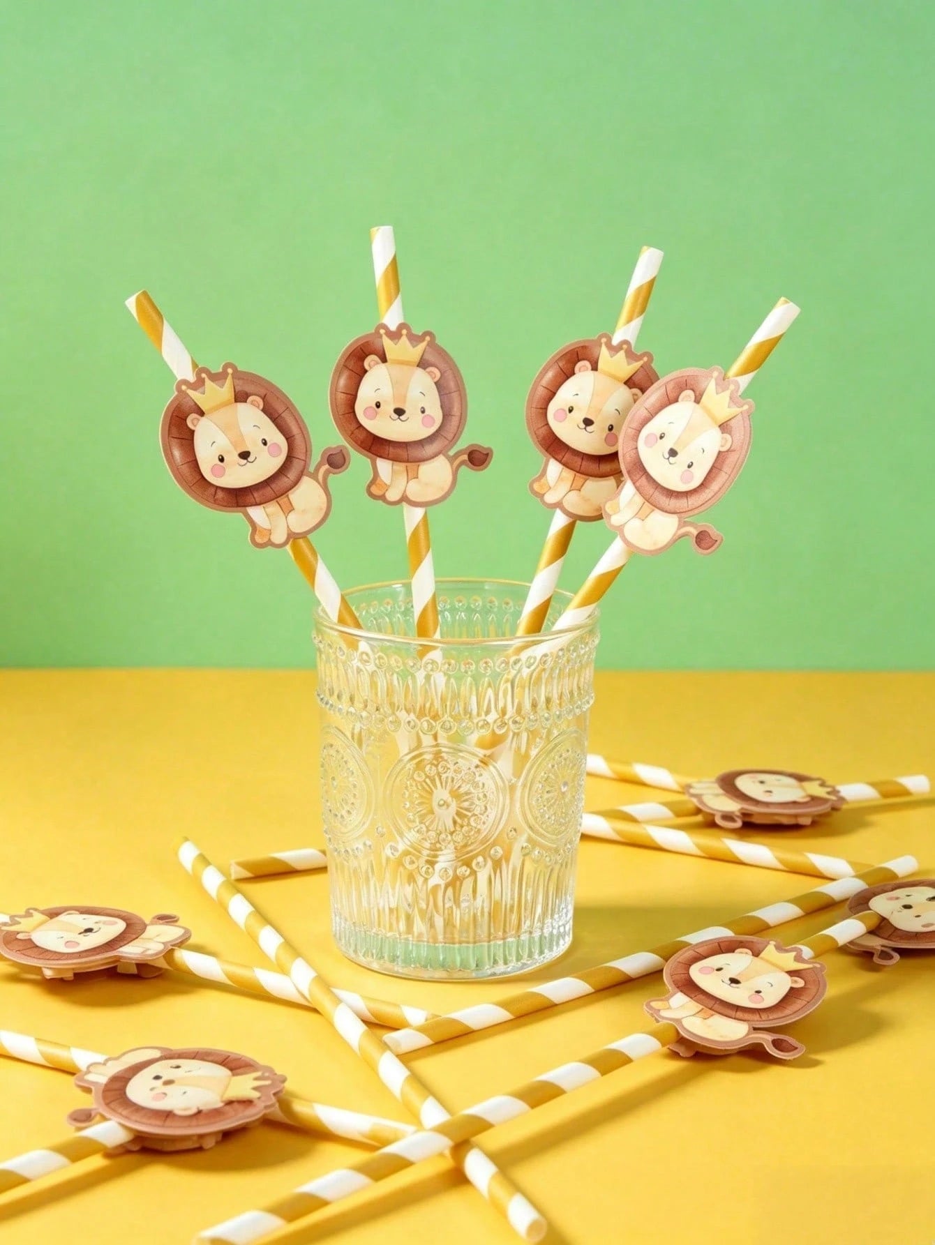 8pcs Cartoon Lion Paper Straws, Jungle Party Disposable Tableware Thin Straws, Fun Straws, Suitable For Cocktails, Juices, Beverages, Coffee, Straight Mouth, Baby Shower Decoration, Baby Baptism, Jung