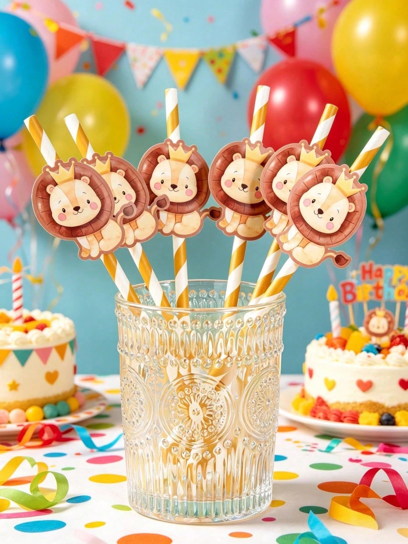 8pcs Cartoon Lion Paper Straws, Jungle Party Disposable Tableware Thin Straws, Fun Straws, Suitable For Cocktails, Juices, Beverages, Coffee, Straight Mouth, Baby Shower Decoration, Baby Baptism, Jung