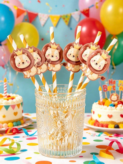 8pcs Cartoon Lion Paper Straws, Jungle Party Disposable Tableware Thin Straws, Fun Straws, Suitable For Cocktails, Juices, Beverages, Coffee, Straight Mouth, Baby Shower Decoration, Baby Baptism, Jung