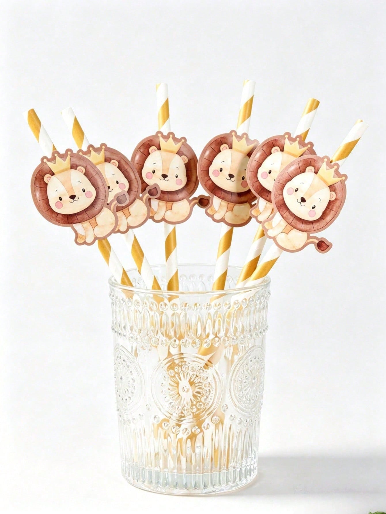 8pcs Cartoon Lion Paper Straws, Jungle Party Disposable Tableware Thin Straws, Fun Straws, Suitable For Cocktails, Juices, Beverages, Coffee, Straight Mouth, Baby Shower Decoration, Baby Baptism, Jung