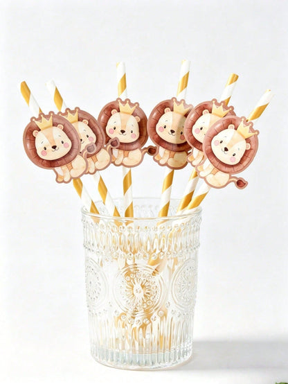 8pcs Cartoon Lion Paper Straws, Jungle Party Disposable Tableware Thin Straws, Fun Straws, Suitable For Cocktails, Juices, Beverages, Coffee, Straight Mouth, Baby Shower Decoration, Baby Baptism, Jung