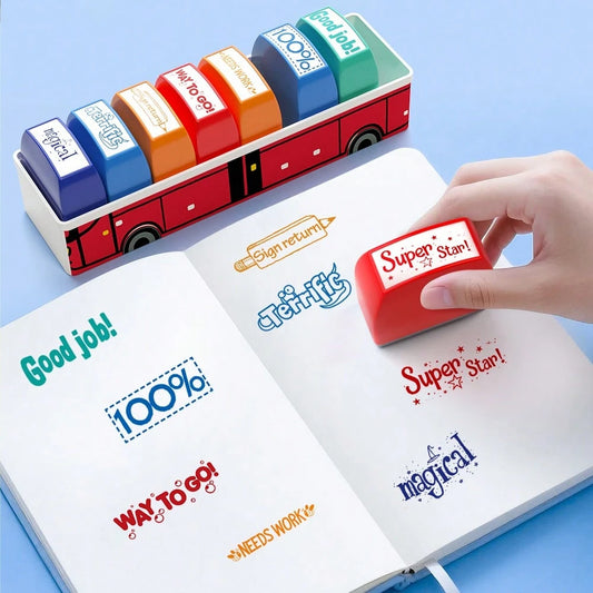 8pcs Funny Bus Stamp Set, English Encouraging Phrases, Teacher & Parent Reward Tool, Homework Grading, Planner Decoration, Colorful Motivational Phrases, Classroom Essential