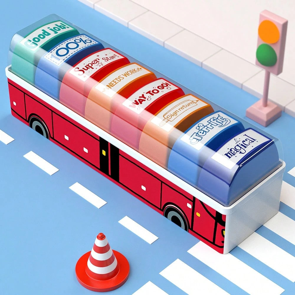 8pcs Funny Bus Stamp Set, English Encouraging Phrases, Teacher & Parent Reward Tool, Homework Grading, Planner Decoration, Colorful Motivational Phrases, Classroom Essential