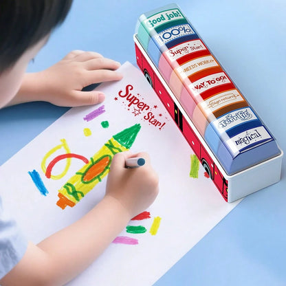 8pcs Funny Bus Stamp Set, English Encouraging Phrases, Teacher & Parent Reward Tool, Homework Grading, Planner Decoration, Colorful Motivational Phrases, Classroom Essential