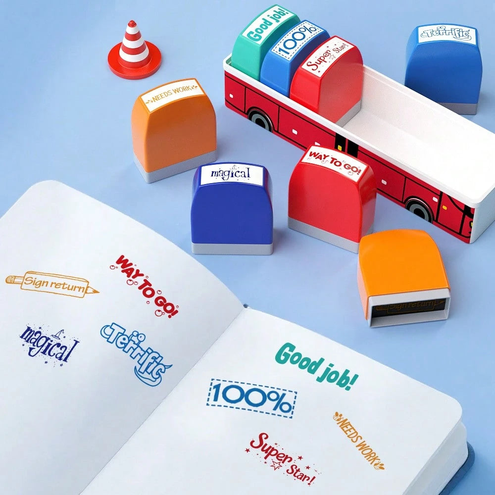 8pcs Funny Bus Stamp Set, English Encouraging Phrases, Teacher & Parent Reward Tool, Homework Grading, Planner Decoration, Colorful Motivational Phrases, Classroom Essential