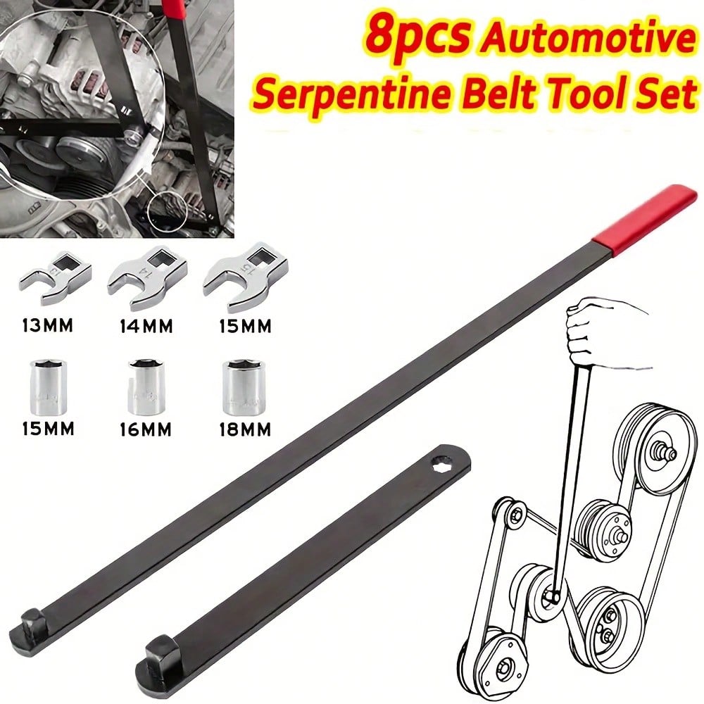 8pcs Professional Automotive Serpentine Belt Tool Set Extension Rod| Inertial Pulley Disassembly Kit, Engine Tension Maintenance Equipment For Automotive Mechanics, Workshop Repair, Car Servicing, Ga