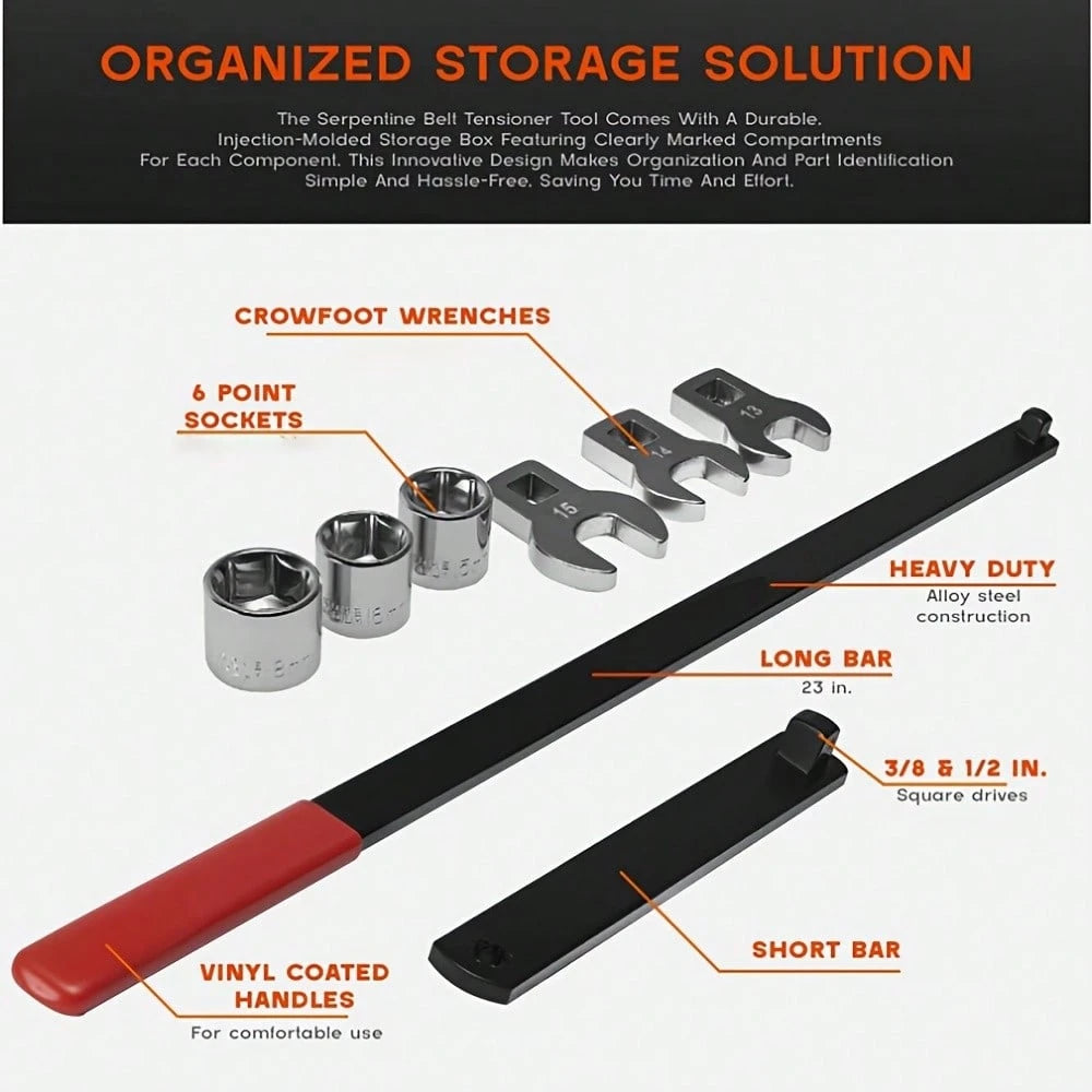 8pcs Professional Automotive Serpentine Belt Tool Set Extension Rod| Inertial Pulley Disassembly Kit, Engine Tension Maintenance Equipment For Automotive Mechanics, Workshop Repair, Car Servicing, Ga