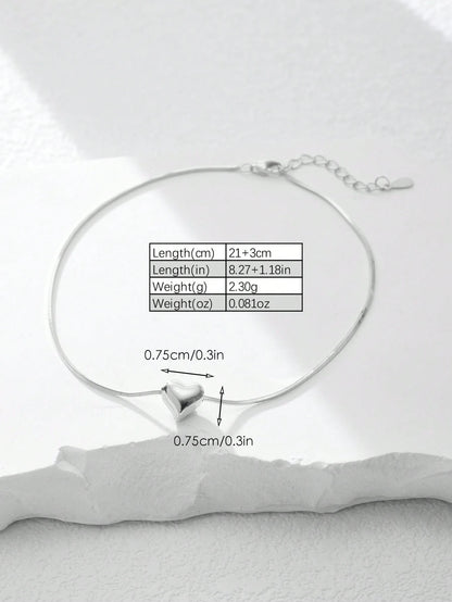 A Minimalist 3D Heart-Shaped Anklet Made Of 925 Sterling Silver, Perfect For Women To Wear Daily Or On Summer Vacations