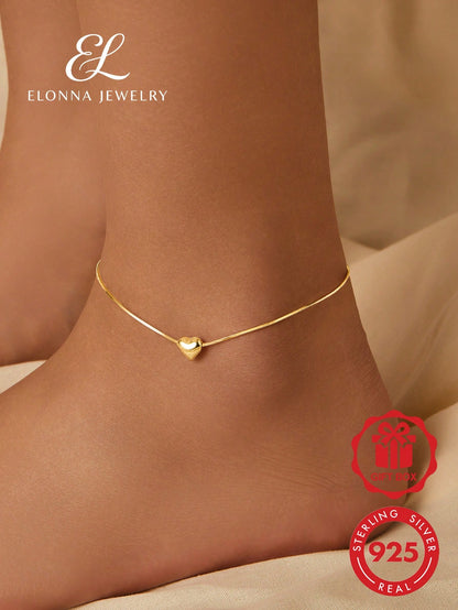 A Minimalist 3D Heart-Shaped Anklet Made Of 925 Sterling Silver, Perfect For Women To Wear Daily Or On Summer Vacations