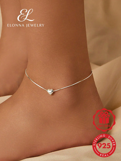 A Minimalist 3D Heart-Shaped Anklet Made Of 925 Sterling Silver, Perfect For Women To Wear Daily Or On Summer Vacations