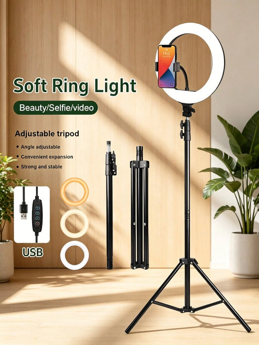 A Set Of 10-Inch LED Ring Light Set/Multi-Function Fill Light, With 63-Inch Adjustable Triangle Bracket And A Universal Phone Clip, USB Power Supply, LED Ring Light 3 Colors Can Be Switched, Flexible