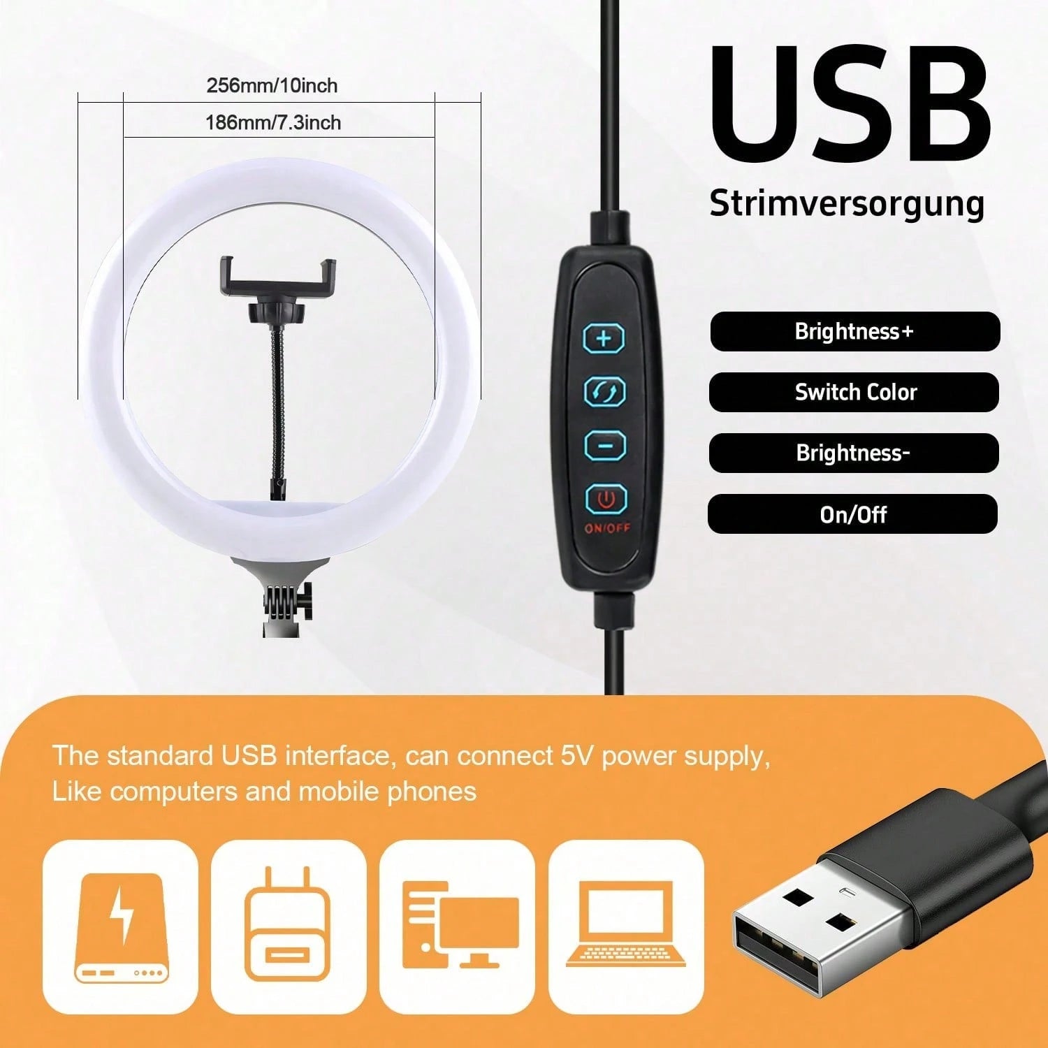 A Set Of 10-Inch LED Ring Light Set/Multi-Function Fill Light, With 63-Inch Adjustable Triangle Bracket And A Universal Phone Clip, USB Power Supply, LED Ring Light 3 Colors Can Be Switched, Flexible