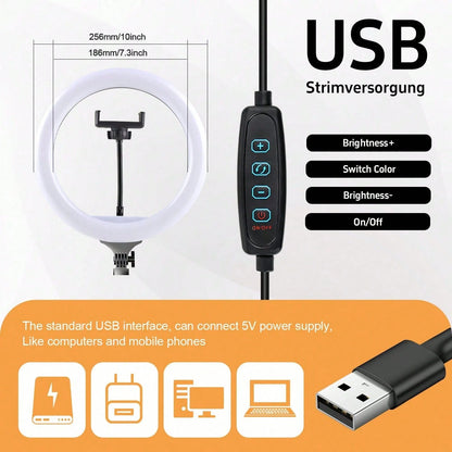 A Set Of 10-Inch LED Ring Light Set/Multi-Function Fill Light, With 63-Inch Adjustable Triangle Bracket And A Universal Phone Clip, USB Power Supply, LED Ring Light 3 Colors Can Be Switched, Flexible