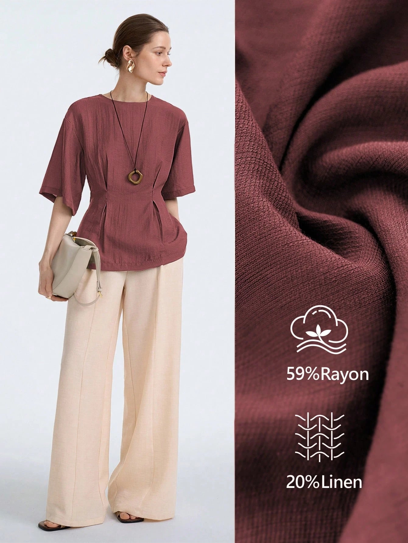 Aalyst Women's Maroon Linen Blend Round Neck Ruched Waist A-Line Short Sleeve Blouse,Elegant Summer Casual Office Business Vintage Versatile Shirt
