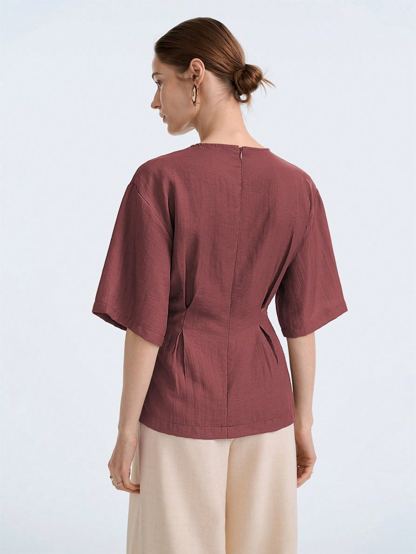 Aalyst Women's Maroon Linen Blend Round Neck Ruched Waist A-Line Short Sleeve Blouse,Elegant Summer Casual Office Business Vintage Versatile Shirt