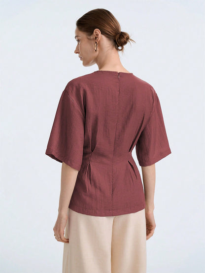 Aalyst Women's Maroon Linen Blend Round Neck Ruched Waist A-Line Short Sleeve Blouse,Elegant Summer Casual Office Business Vintage Versatile Shirt