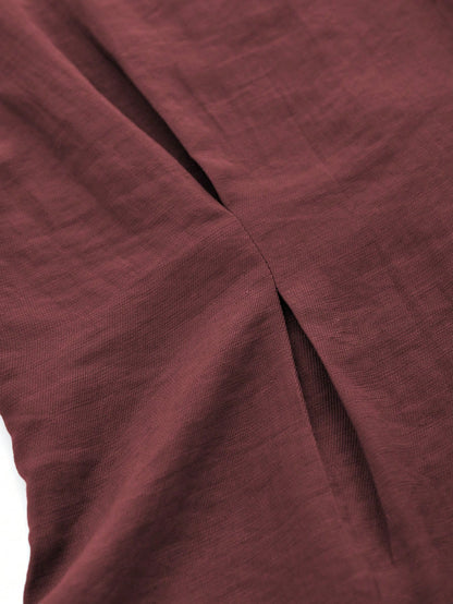 Aalyst Women's Maroon Linen Blend Round Neck Ruched Waist A-Line Short Sleeve Blouse,Elegant Summer Casual Office Business Vintage Versatile Shirt