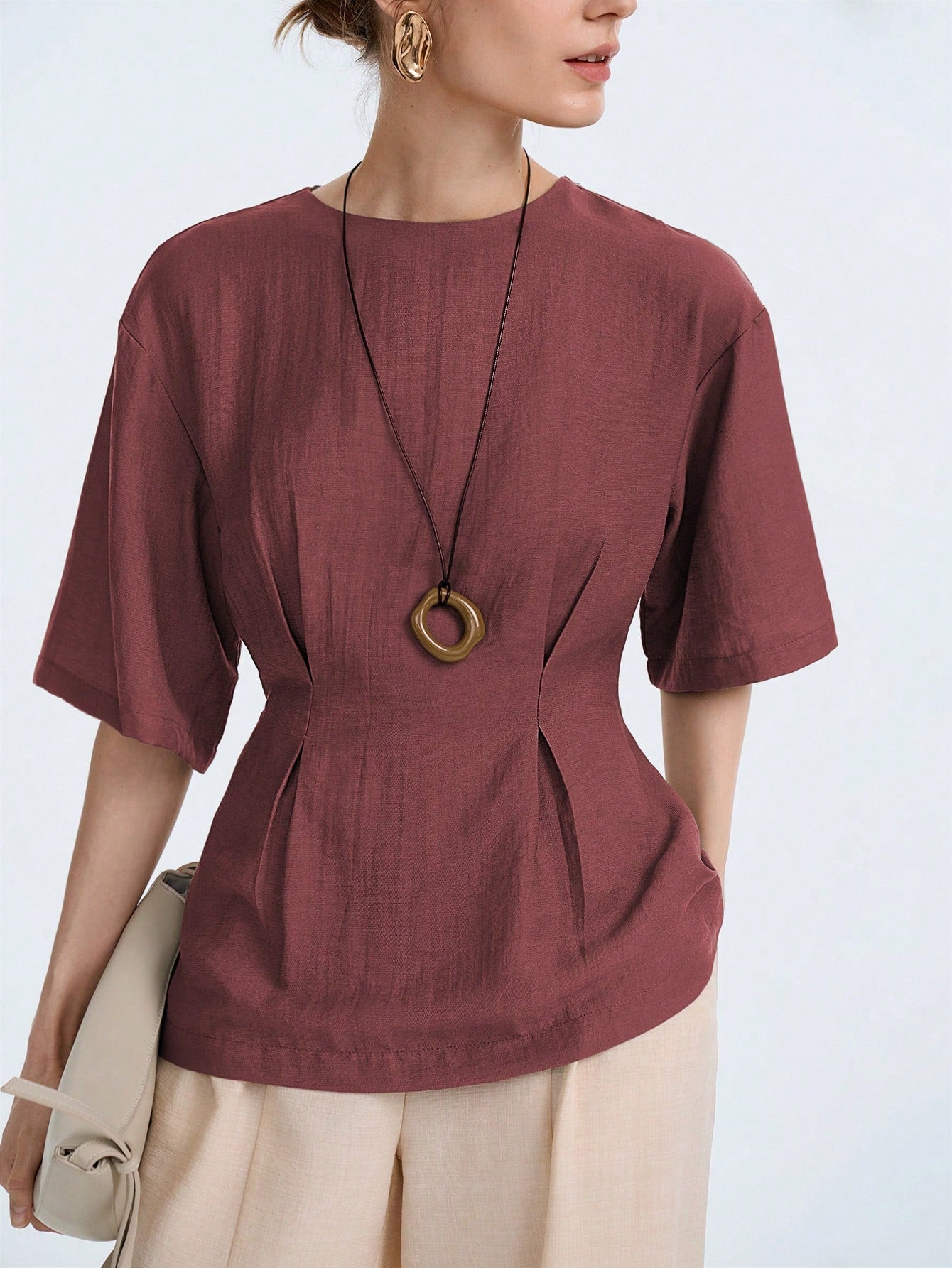 Aalyst Women's Maroon Linen Blend Round Neck Ruched Waist A-Line Short Sleeve Blouse,Elegant Summer Casual Office Business Vintage Versatile Shirt