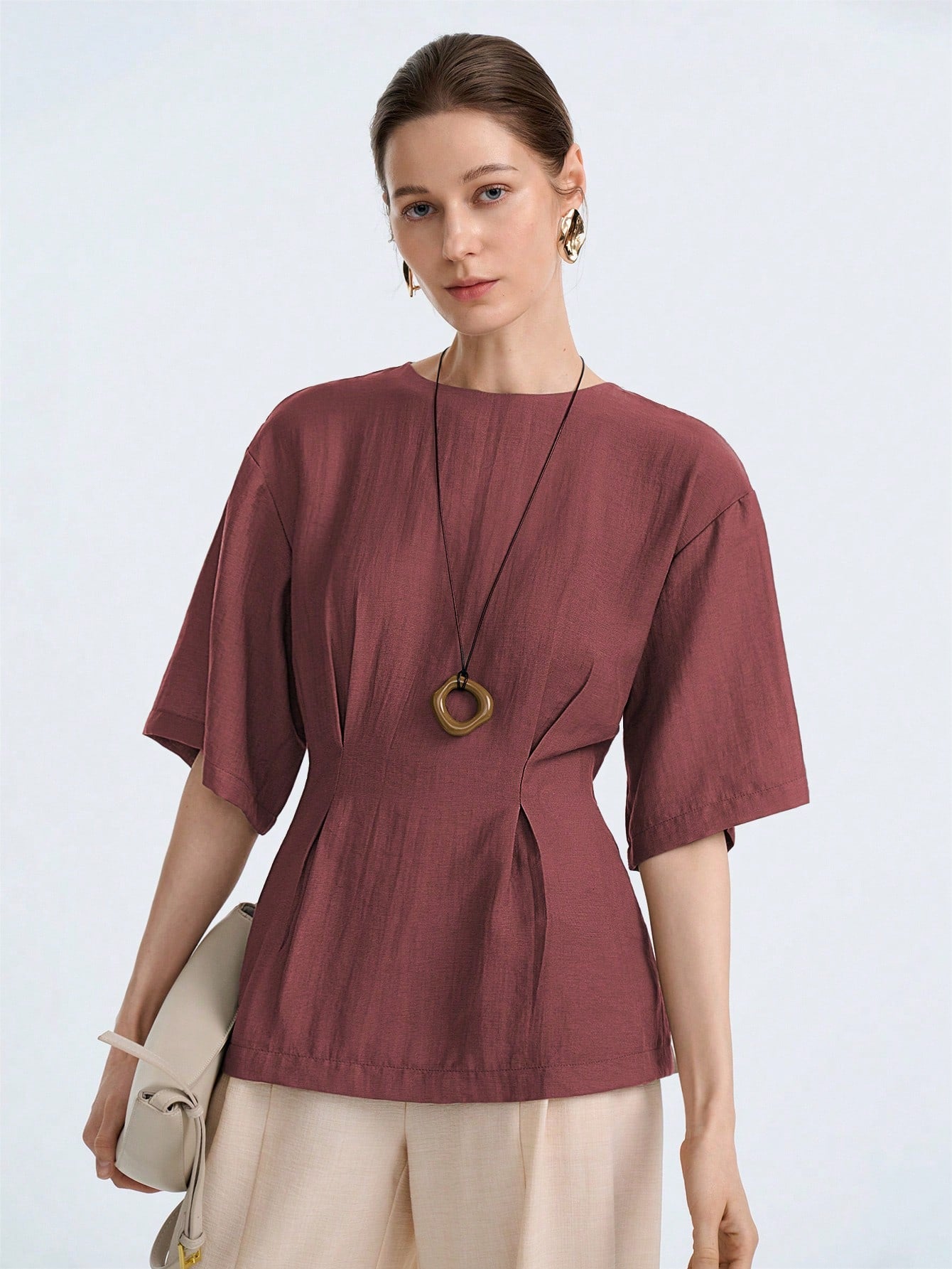 Aalyst Women's Maroon Linen Blend Round Neck Ruched Waist A-Line Short Sleeve Blouse,Elegant Summer Casual Office Business Vintage Versatile Shirt