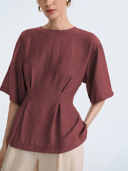 Aalyst Women's Maroon Linen Blend Round Neck Ruched Waist A-Line Short Sleeve Blouse,Elegant Summer Casual Office Business Vintage Versatile Shirt