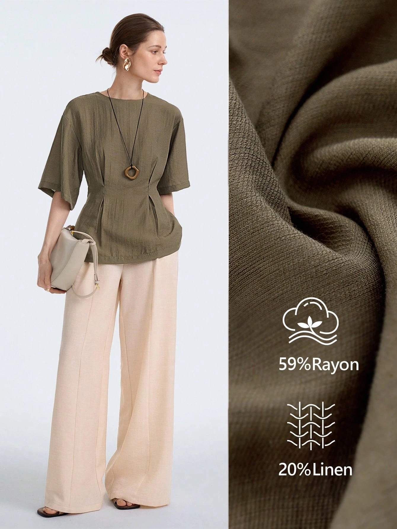 Aalyst Women's Maroon Linen Blend Round Neck Ruched Waist A-Line Short Sleeve Blouse,Elegant Summer Casual Office Business Vintage Versatile Shirt