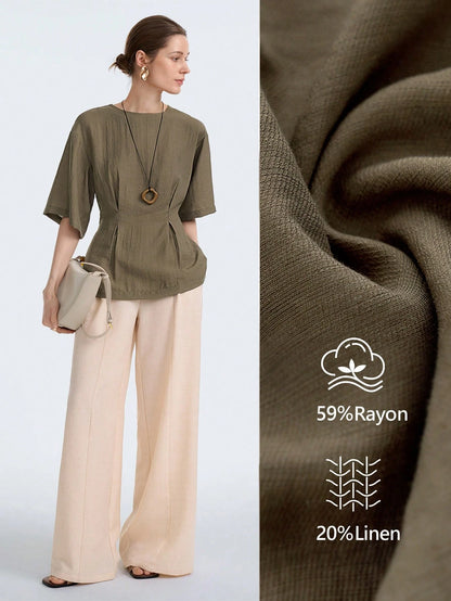 Aalyst Women's Maroon Linen Blend Round Neck Ruched Waist A-Line Short Sleeve Blouse,Elegant Summer Casual Office Business Vintage Versatile Shirt