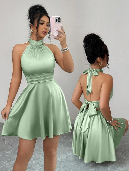 abyoxi Women's Pea Green Elegant Sexy Satin Lace-Up Backless Mini Dress, Suitable For Daily Outings, Formal Evenings, Dates, Parties, Weddings, Festivals, Spring/Summer Short Dress Party