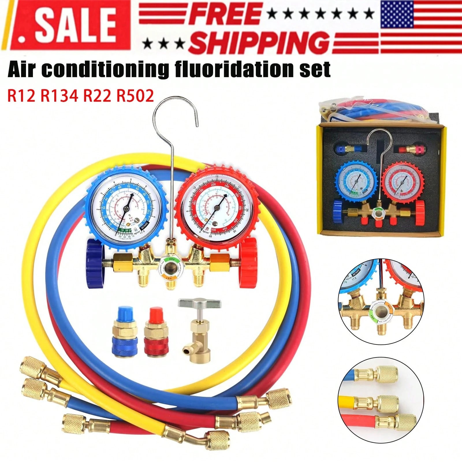 AC Manifold Gauge Set A/C Refrigeration 3FT Color Hose Fit R502 R134a R12 R22