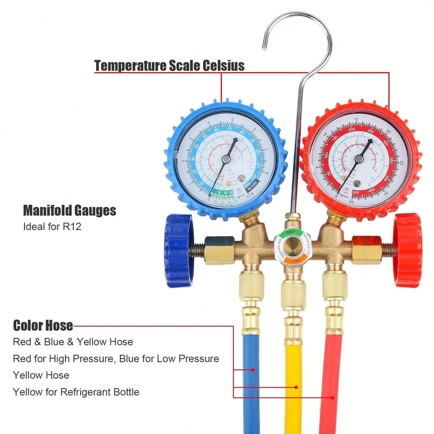 AC Manifold Gauge Set A/C Refrigeration 3FT Color Hose Fit R502 R134a R12 R22