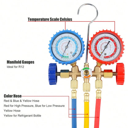 AC Manifold Gauge Set A/C Refrigeration 3FT Color Hose Fit R502 R134a R12 R22