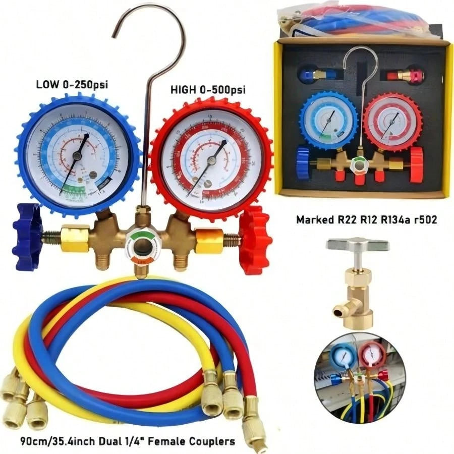 AC Manifold Gauge Set A/C Refrigeration 3FT Color Hose Fit R502 R134a R12 R22